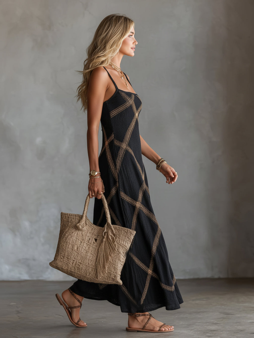 Chic Elegant Black-Camel Geometrical Printed Spaghetti Straps Square-Neck Sleeveless A-Line Maxi Dress