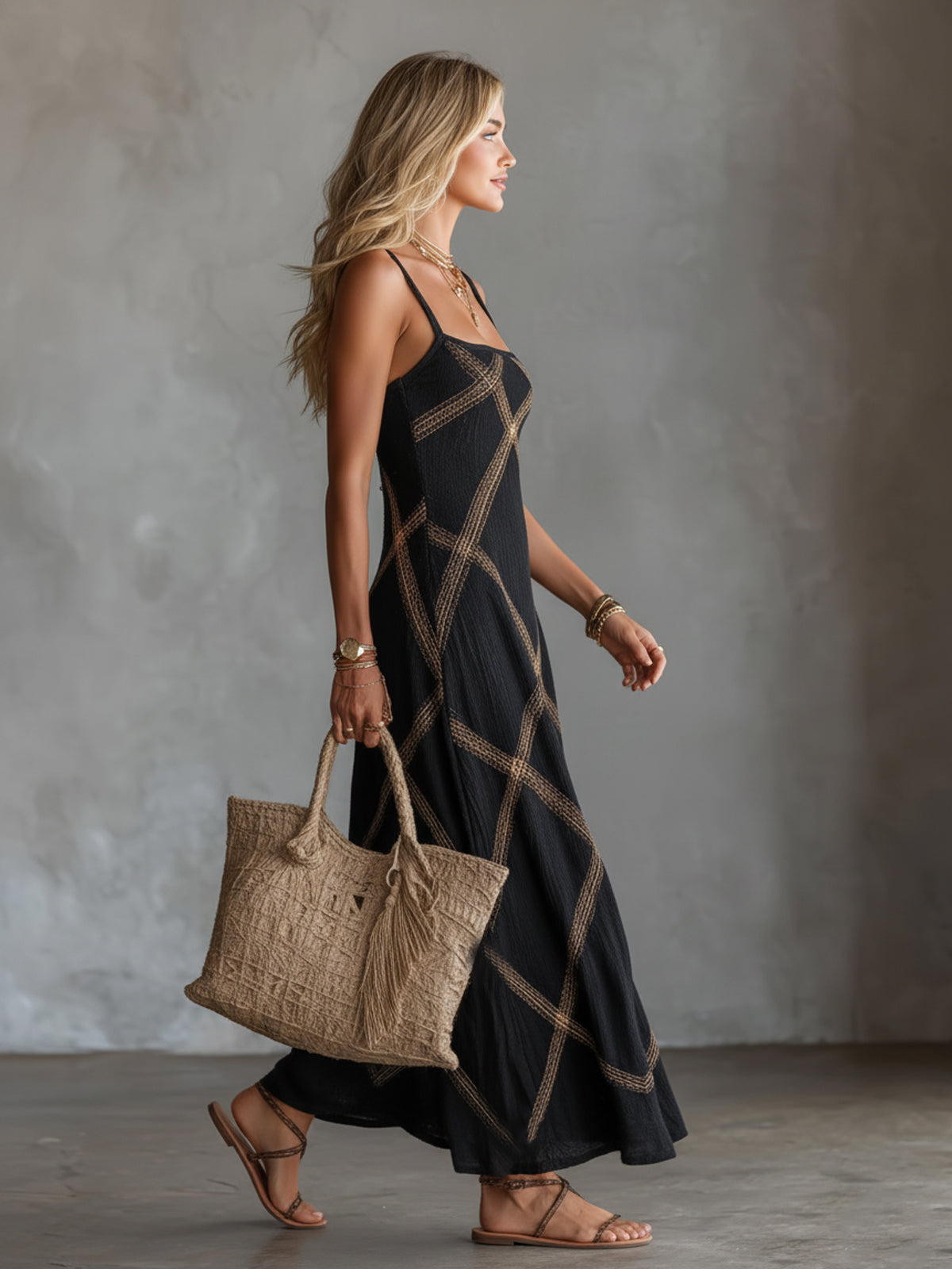 Chic Elegant Black-Camel Geometrical Printed Spaghetti Straps Square-Neck Sleeveless A-Line Maxi Dress