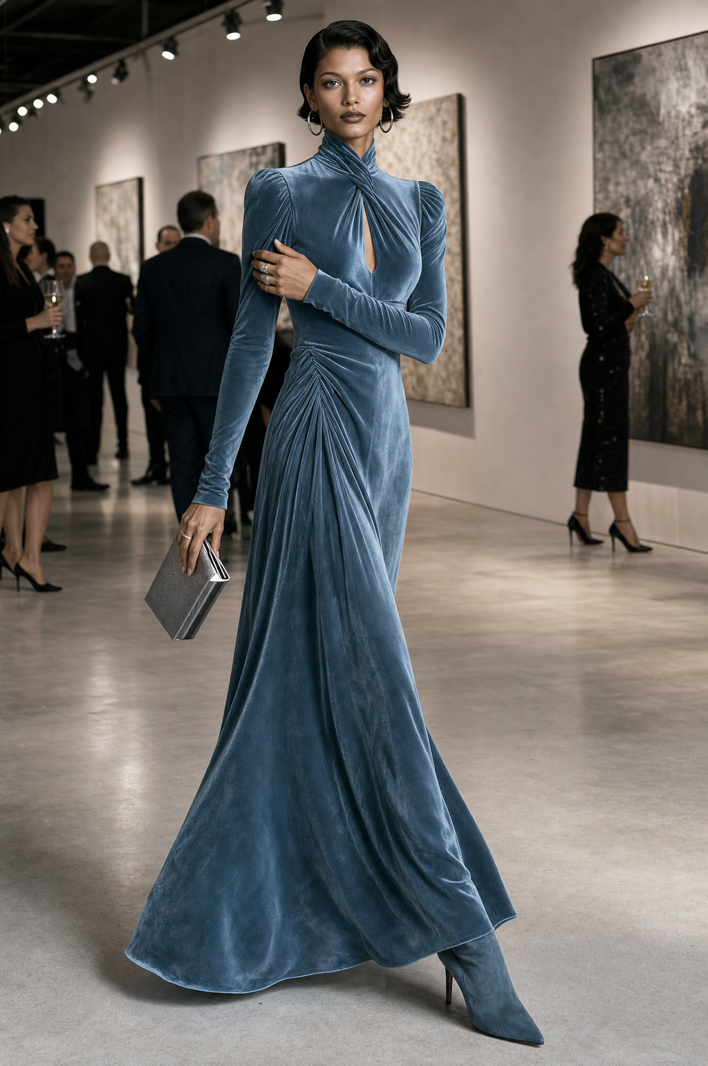 Women's Twist Keyhole Mock Neck Blue Velvet Dress