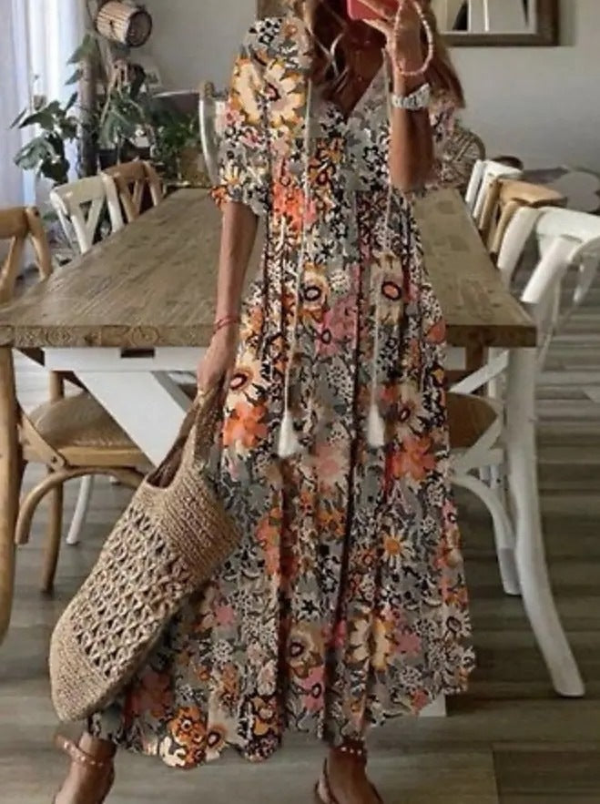 Loose Printed V-Neck Casual Long Dress