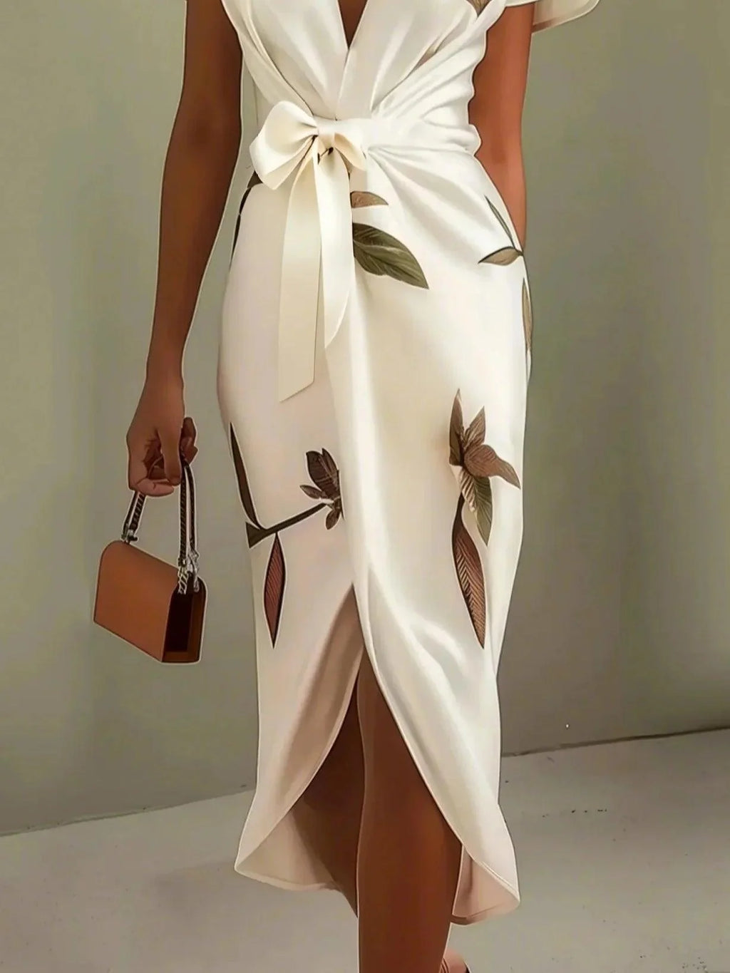 White Satin Leaf Print Short-Sleeve Midi Dress