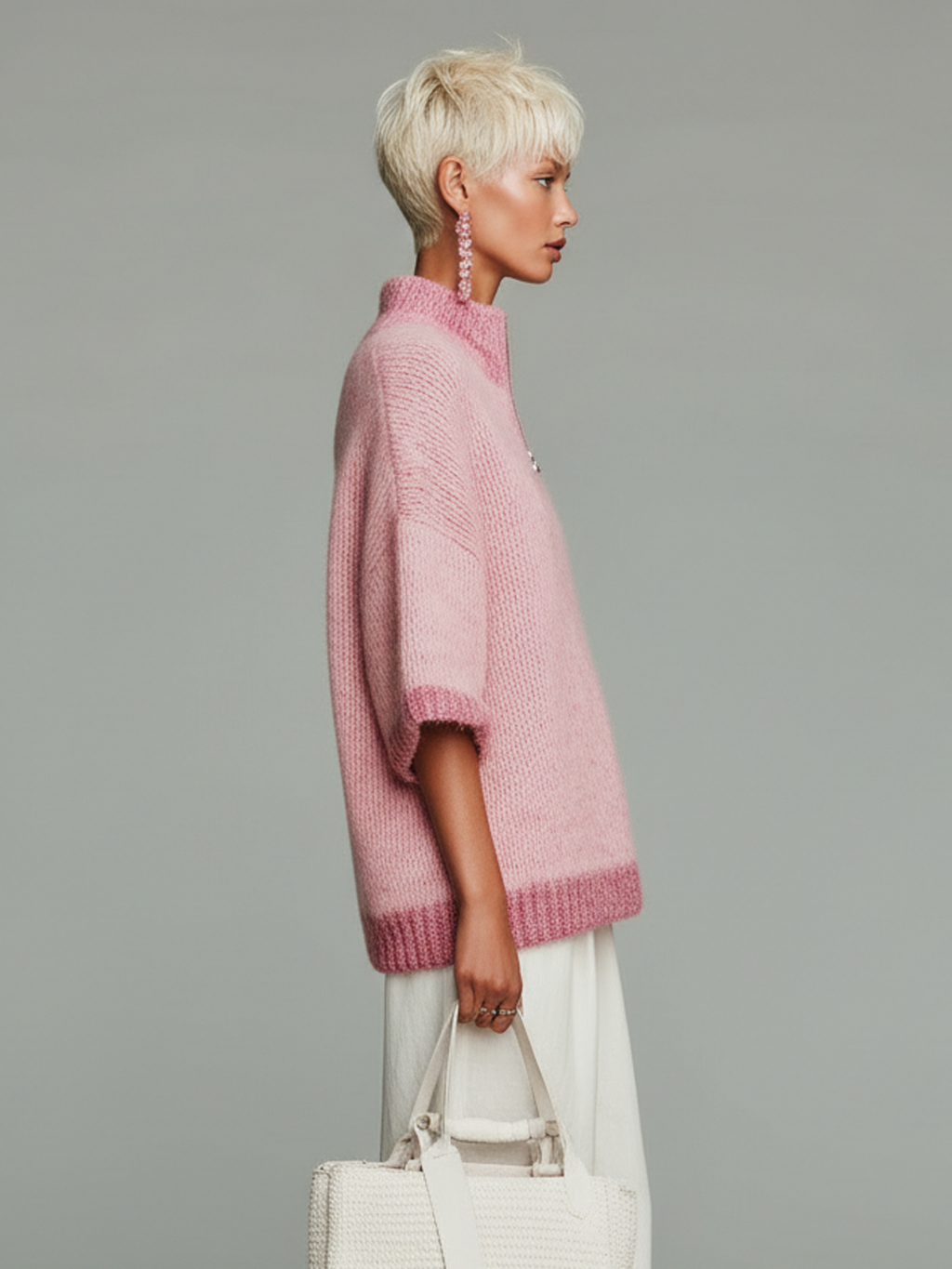 Stylish Casual Pink Stand-collar Zippered Short-sleeved Loose Knit Sweater Top