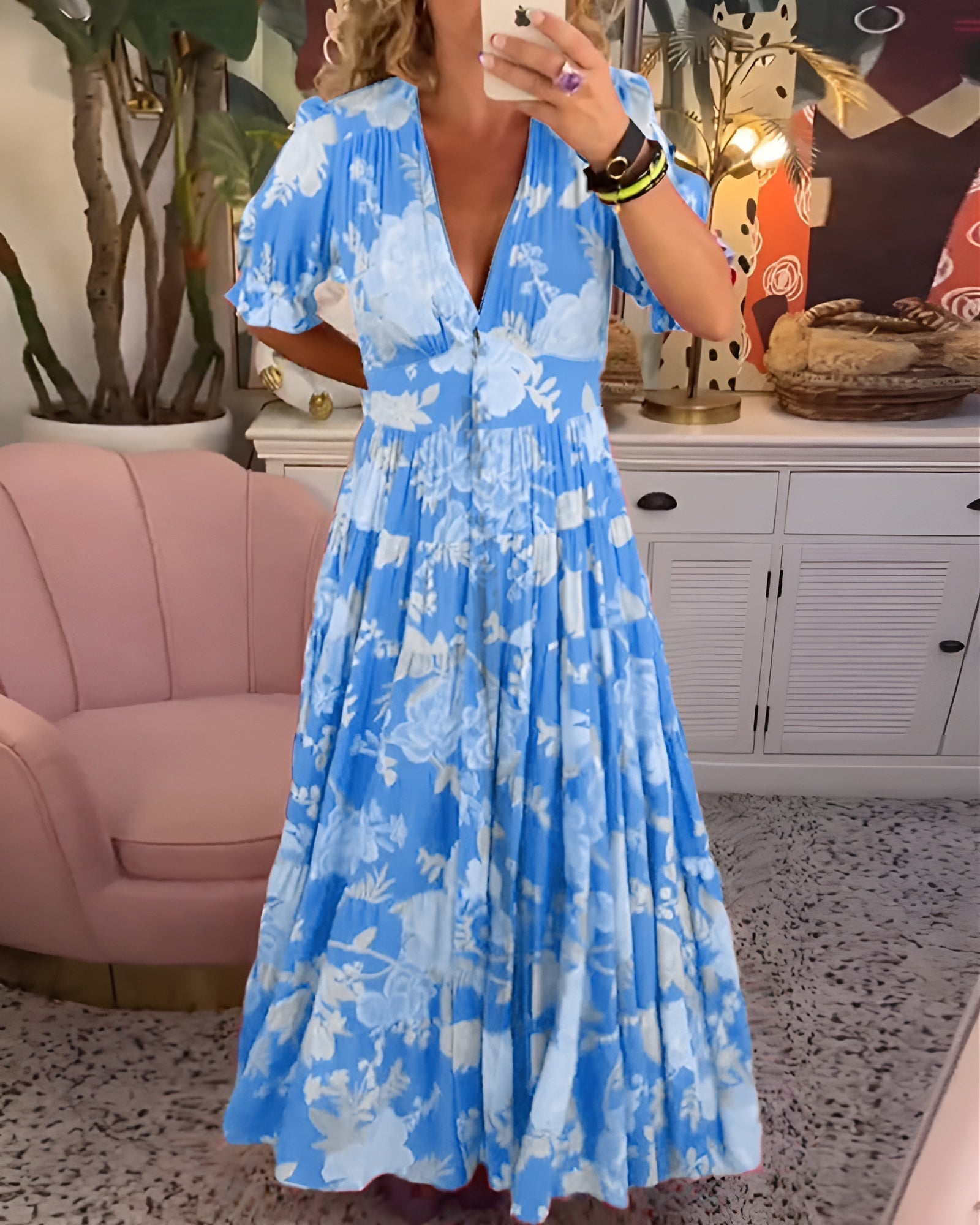CARINE | DRESS WITH POCKETS AND V - NECK IN FLORAL PRINT - Rossis Family Boutique Miami