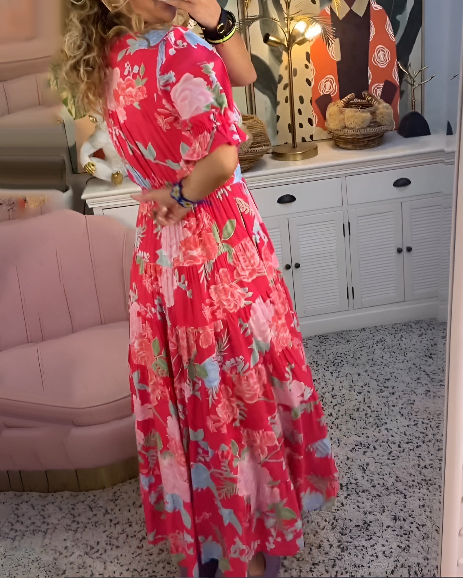 CARINE | DRESS WITH POCKETS AND V - NECK IN FLORAL PRINT - Rossis Family Boutique Miami