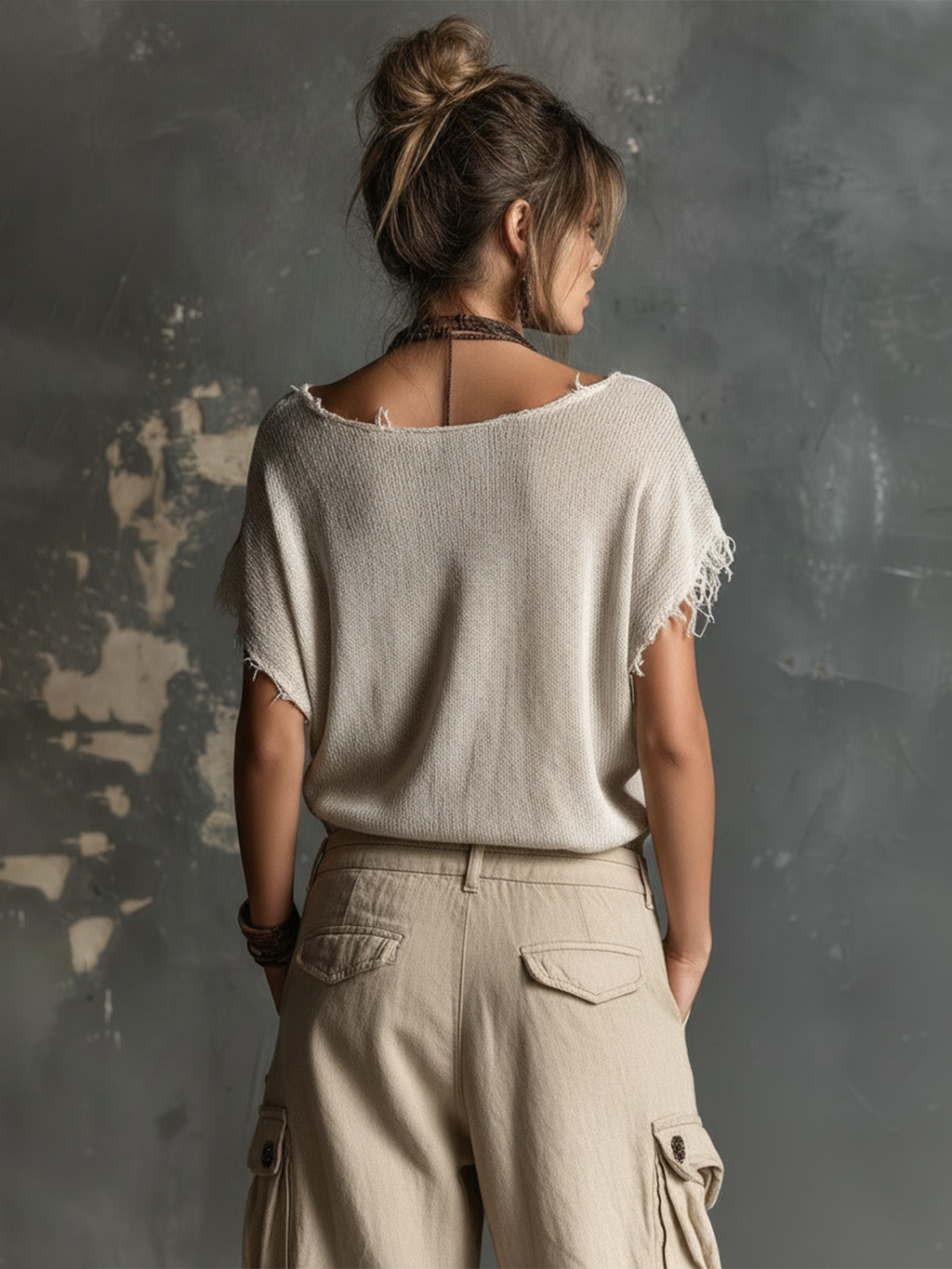 Chic Casual White V-Neck Star Print  Raw Edge Dolman Sleeves Loose-Fit Knit SweaterTop