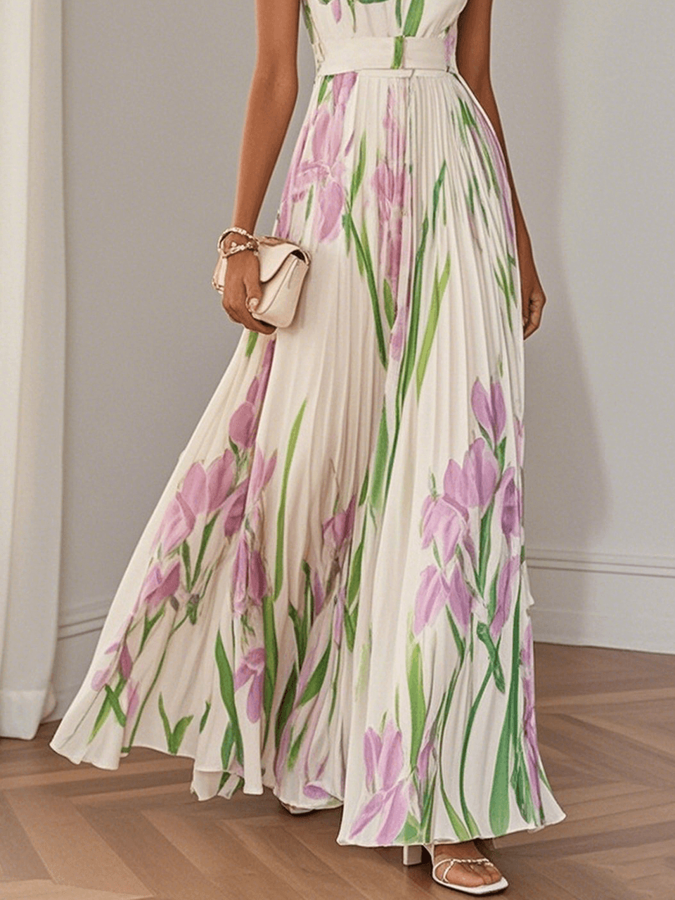 White Pleated Floral Chiffon Square-Neck Sleeveless Maxi Dress