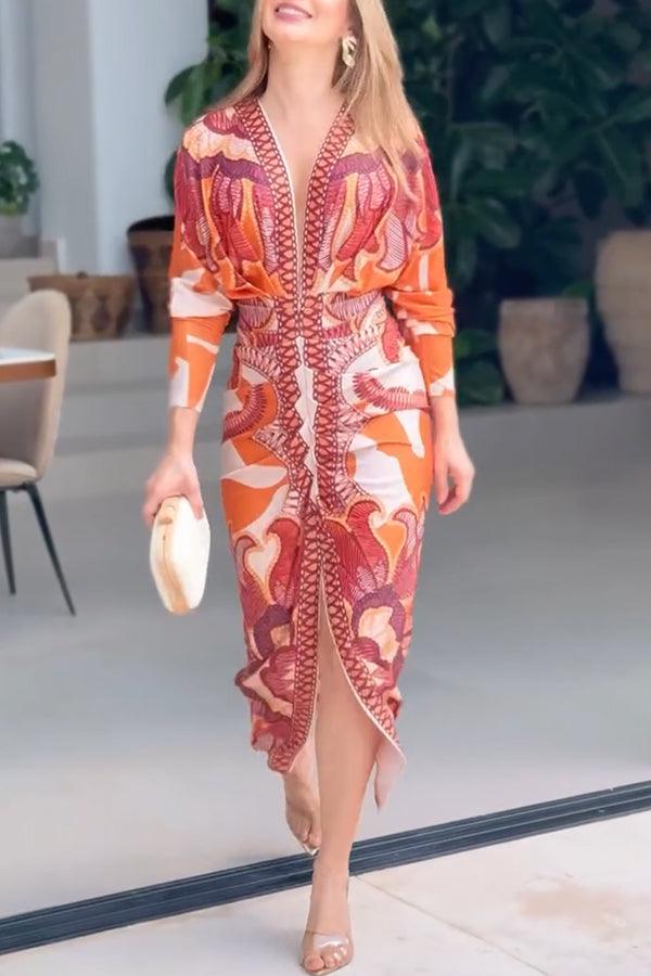 Midi Dress with Unique Print Long Dolman Sleeves and Slit