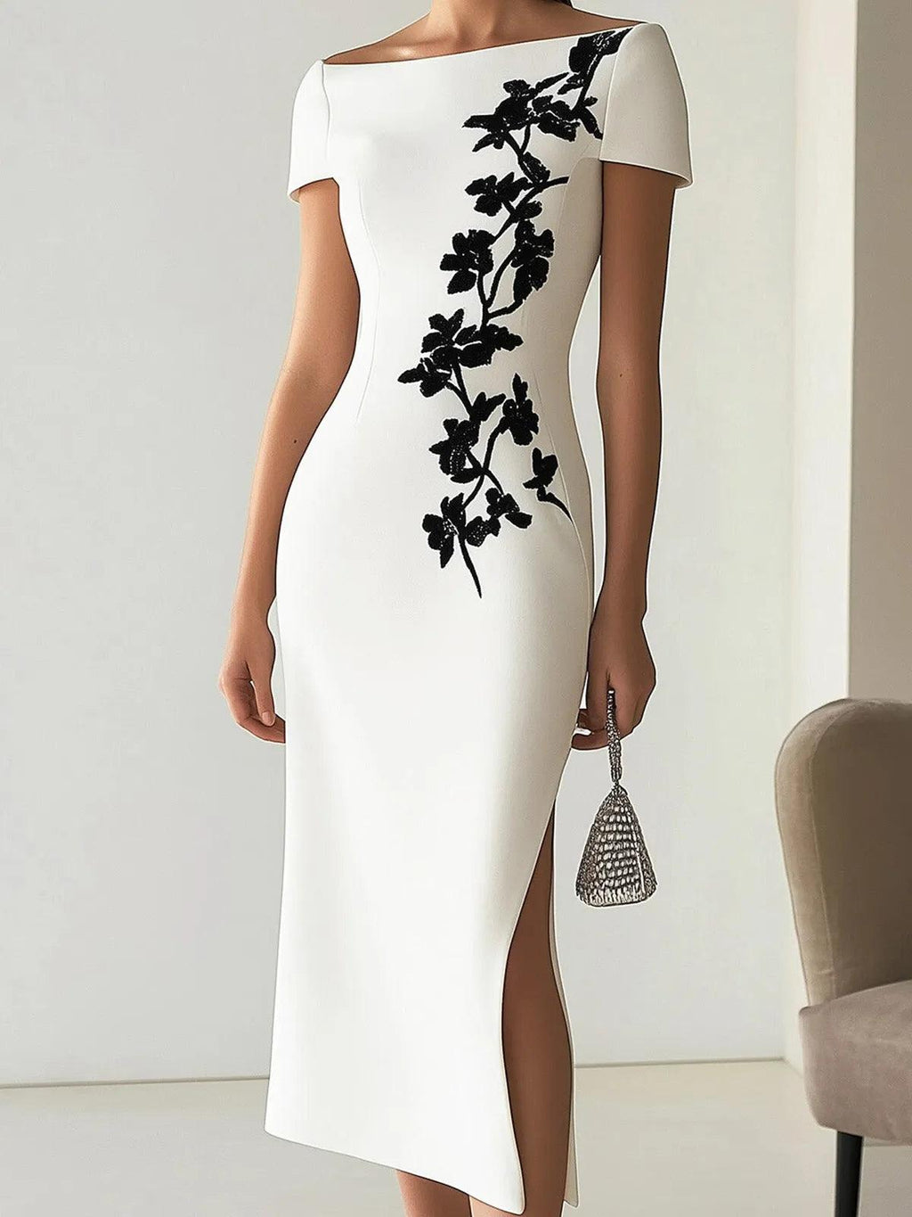 Chic Boatneck Dress with Asymmetrical Floral Print