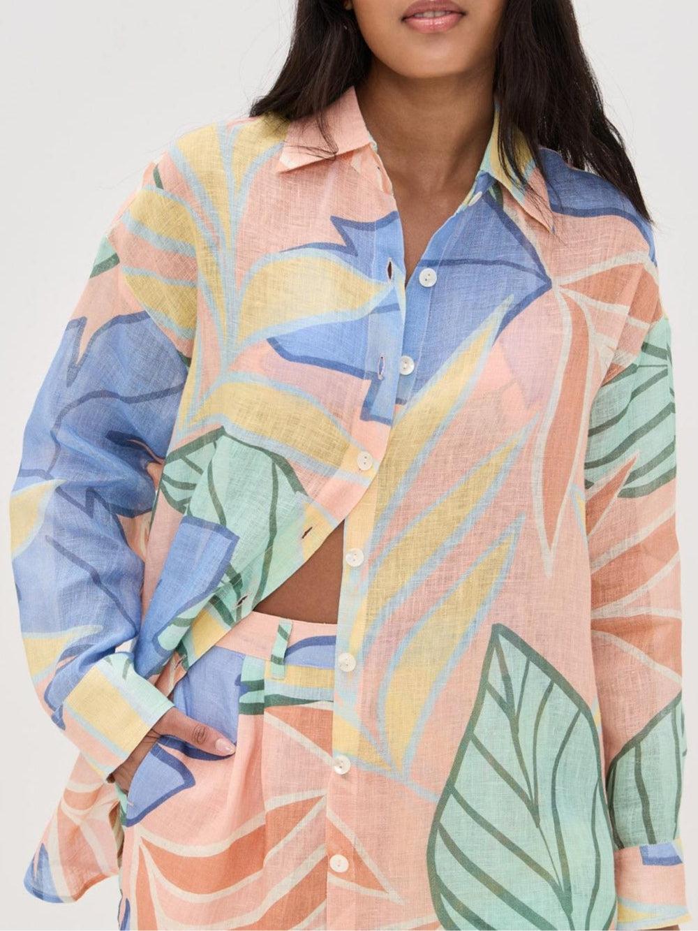 Boyfriend-Style Tropical Leaf Printed Short Set