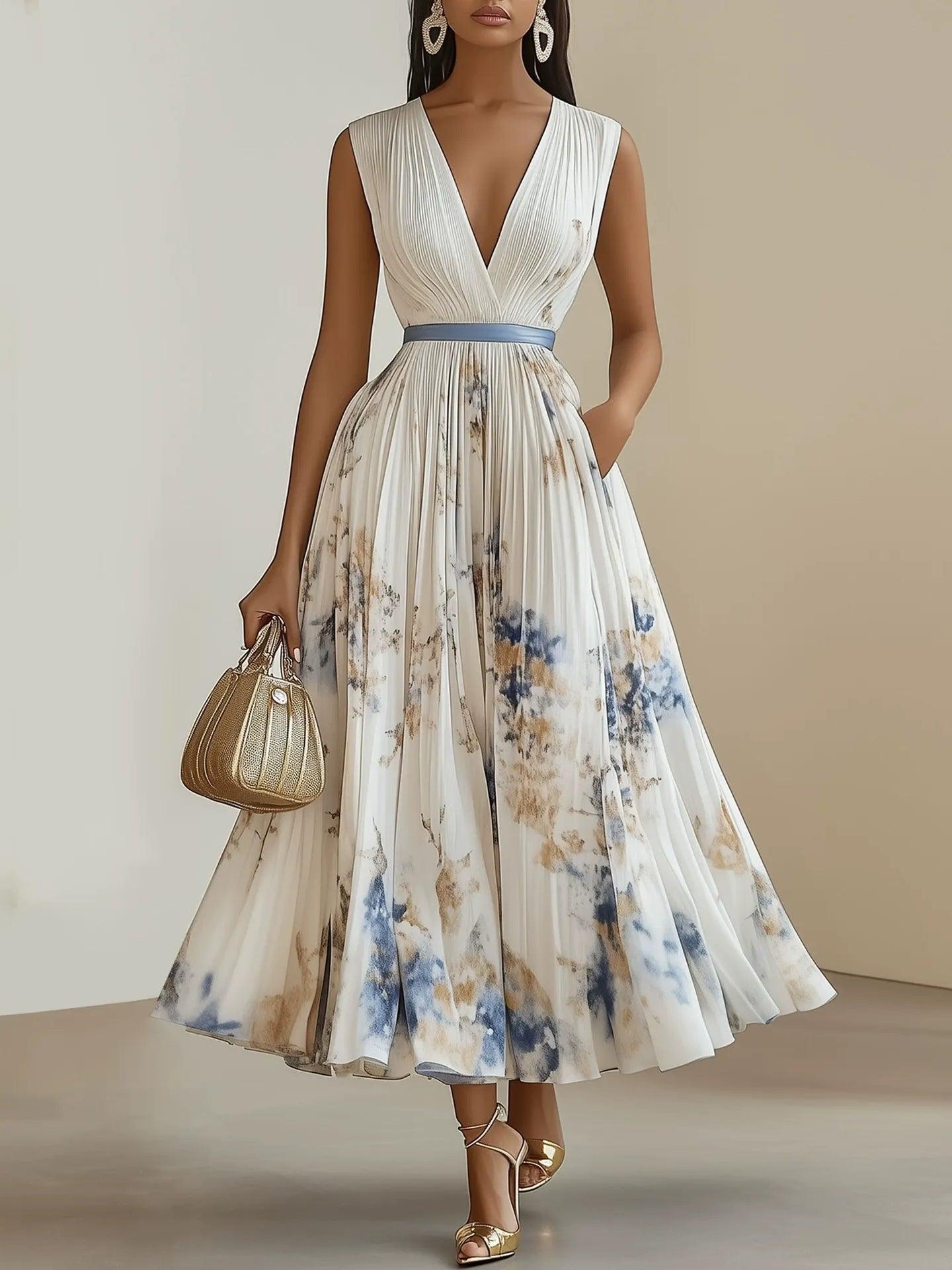 White Floral Pleated Chiffon V-Neck Sleeveless Midi Dress
