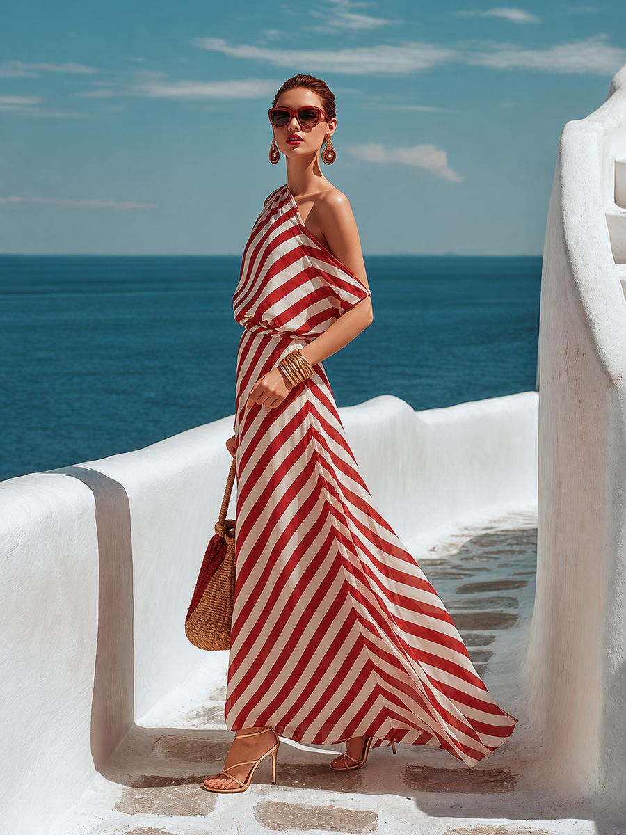 Beach Vacation One-Shoulder Red And White Striped Chiffon Maxi Dress