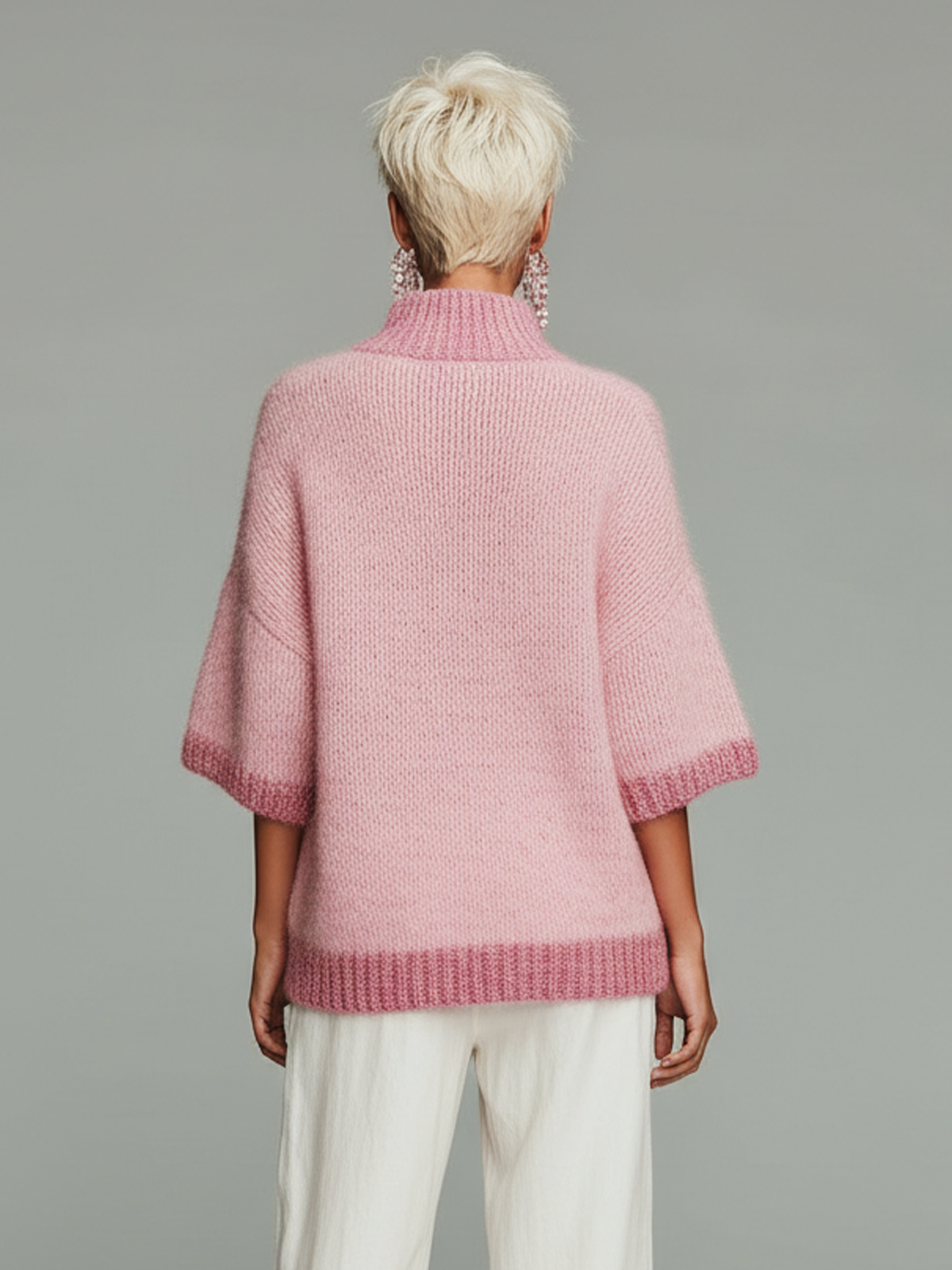 Stylish Casual Pink Stand-collar Zippered Short-sleeved Loose Knit Sweater Top