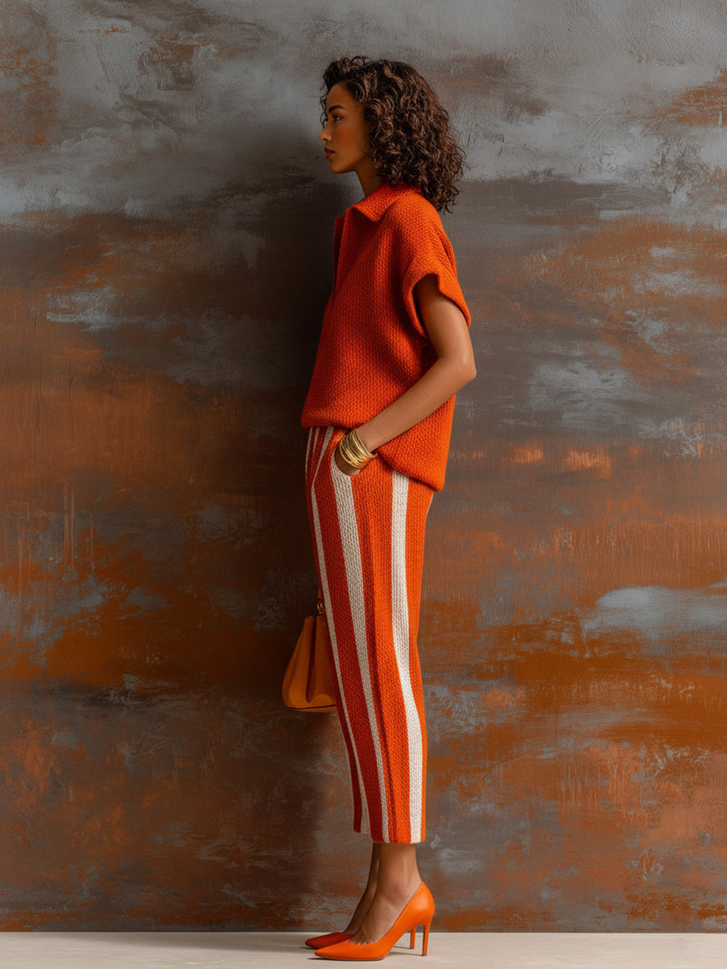 Chic Elegant Orange-White Colorblock Lapel V-Neck Short-Sleeve Loose-Fit Sweater Elastic-Waist Pants Knit Two-Piece Set