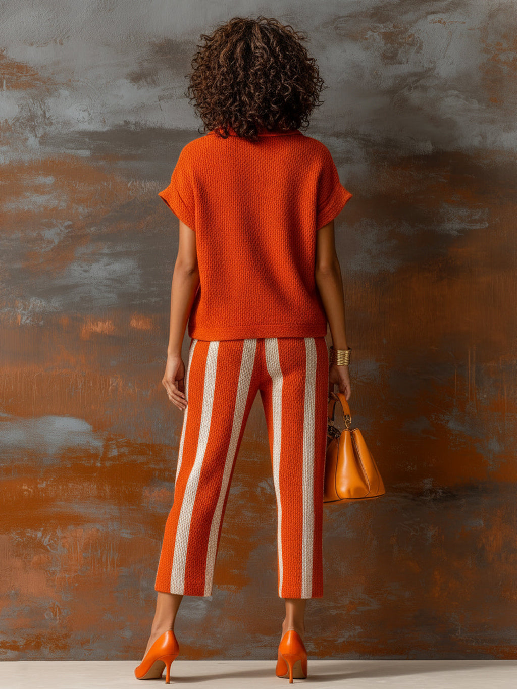 Chic Elegant Orange-White Colorblock Lapel V-Neck Short-Sleeve Loose-Fit Sweater Elastic-Waist Pants Knit Two-Piece Set