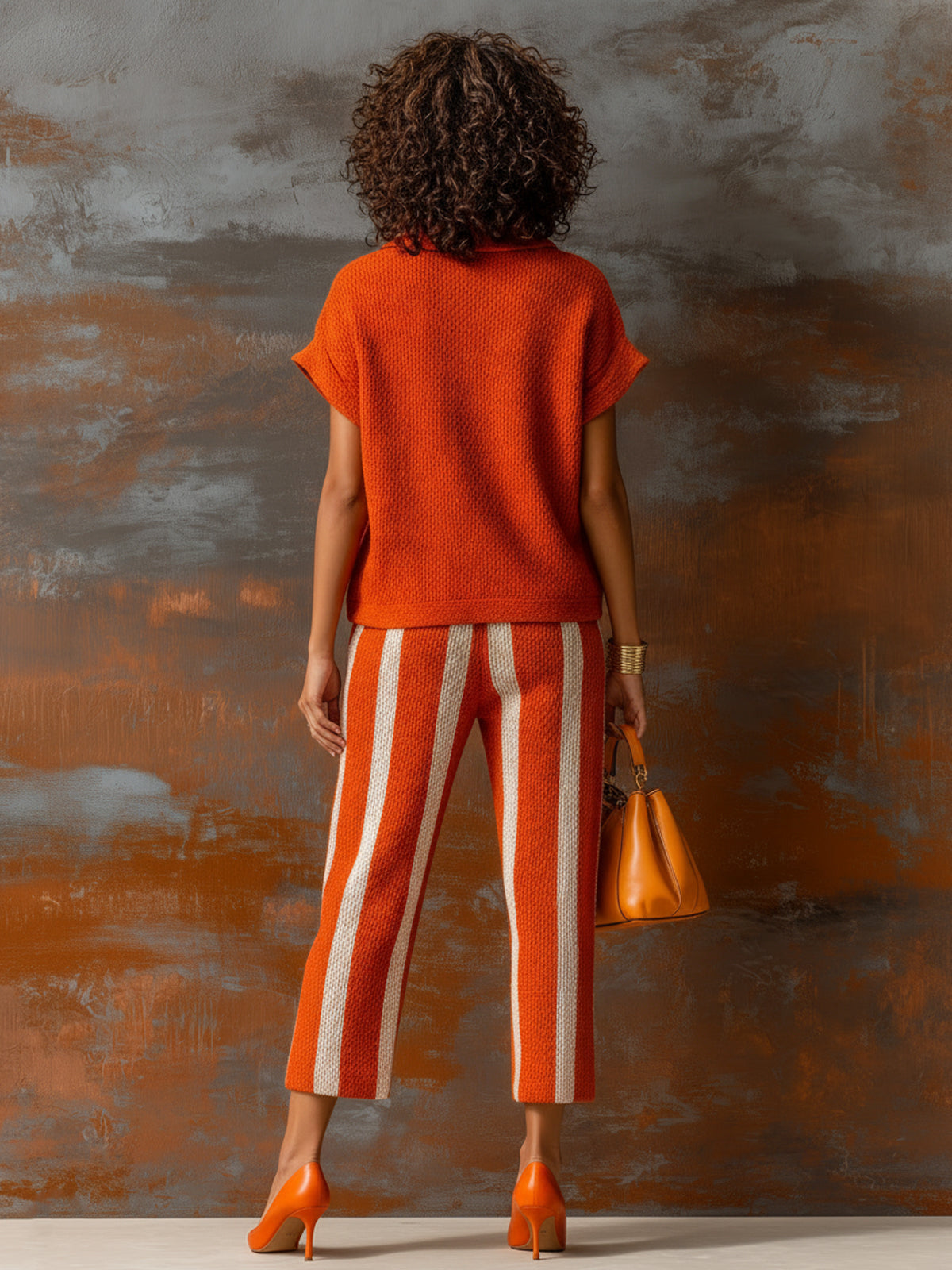 Chic Elegant Orange-White Colorblock Lapel V-Neck Short-Sleeve Loose-Fit Sweater Elastic-Waist Pants Knit Two-Piece Set