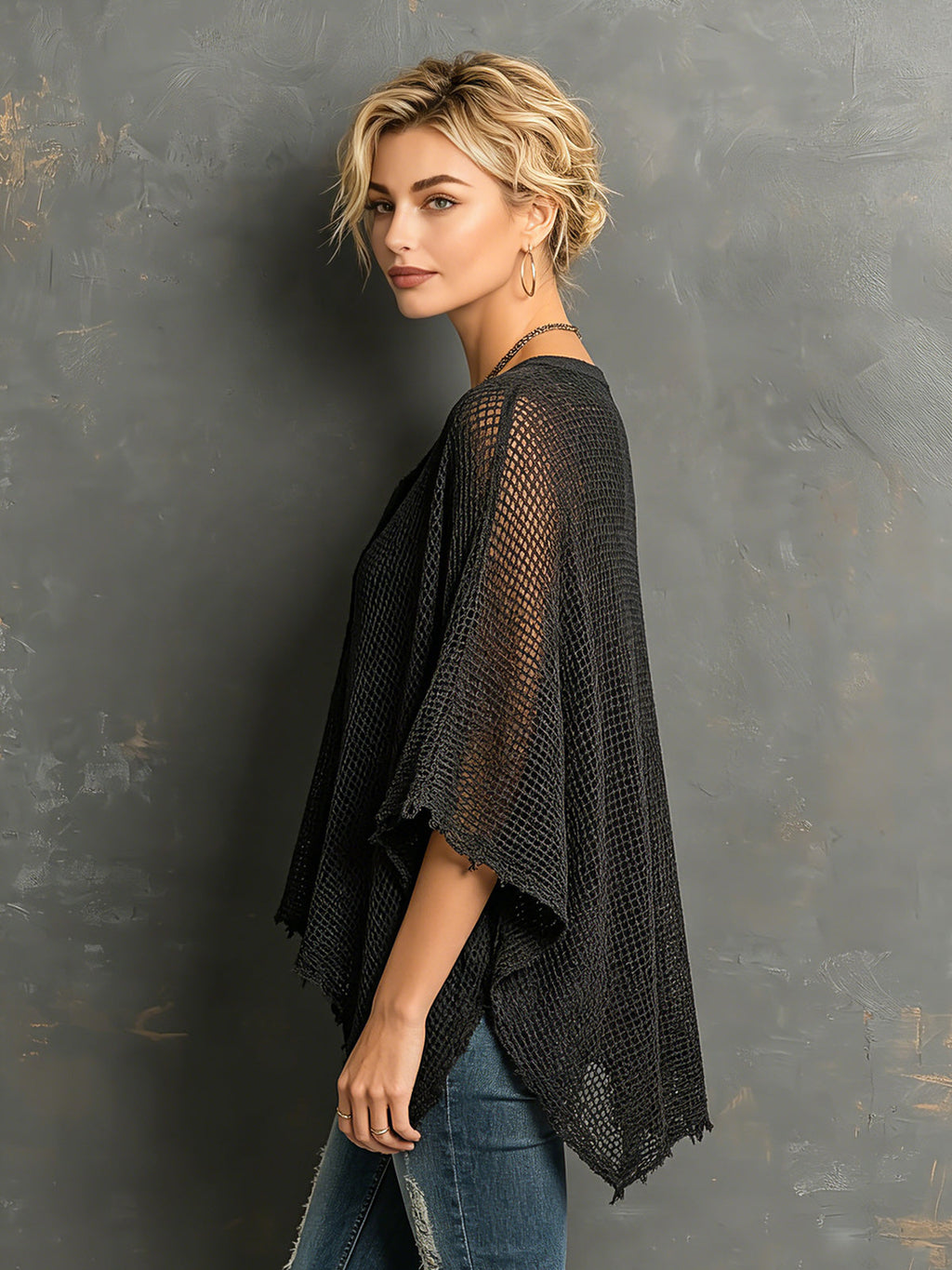 Chic Casual Black Henley Collar Dropped Shoulder Batwing-Sleeve Raw Edge Detail Loose-Fit Sweater