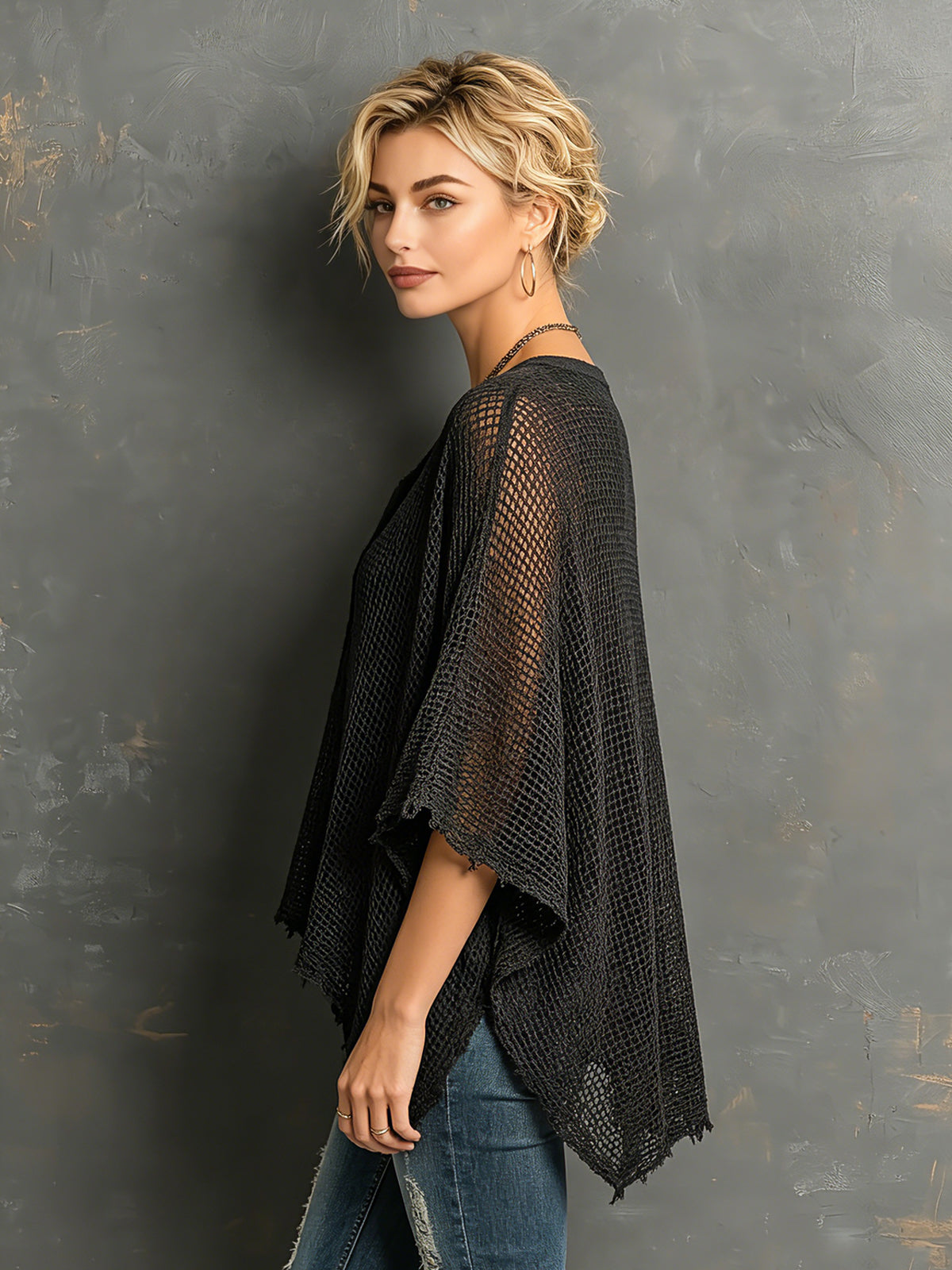 Chic Casual Black Henley Collar Dropped Shoulder Batwing-Sleeve Raw Edge Detail Loose-Fit Sweater