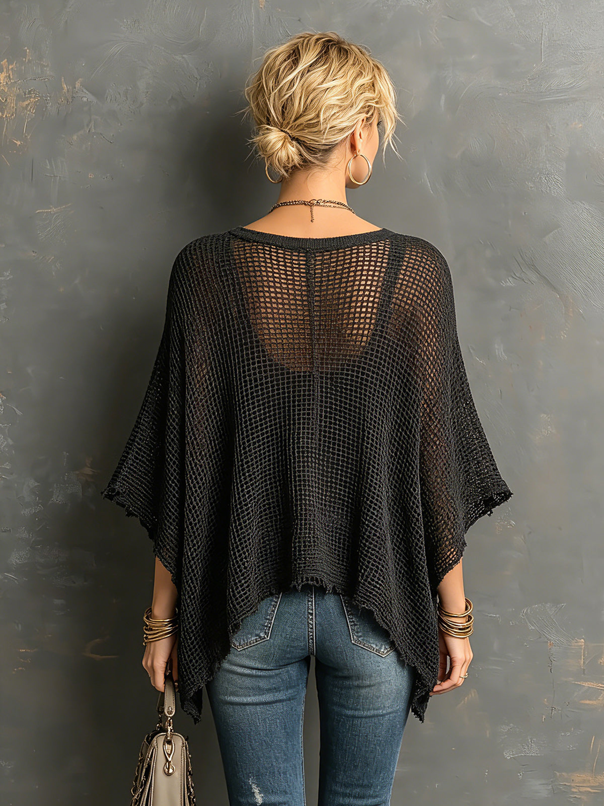 Chic Casual Black Henley Collar Dropped Shoulder Batwing-Sleeve Raw Edge Detail Loose-Fit Sweater