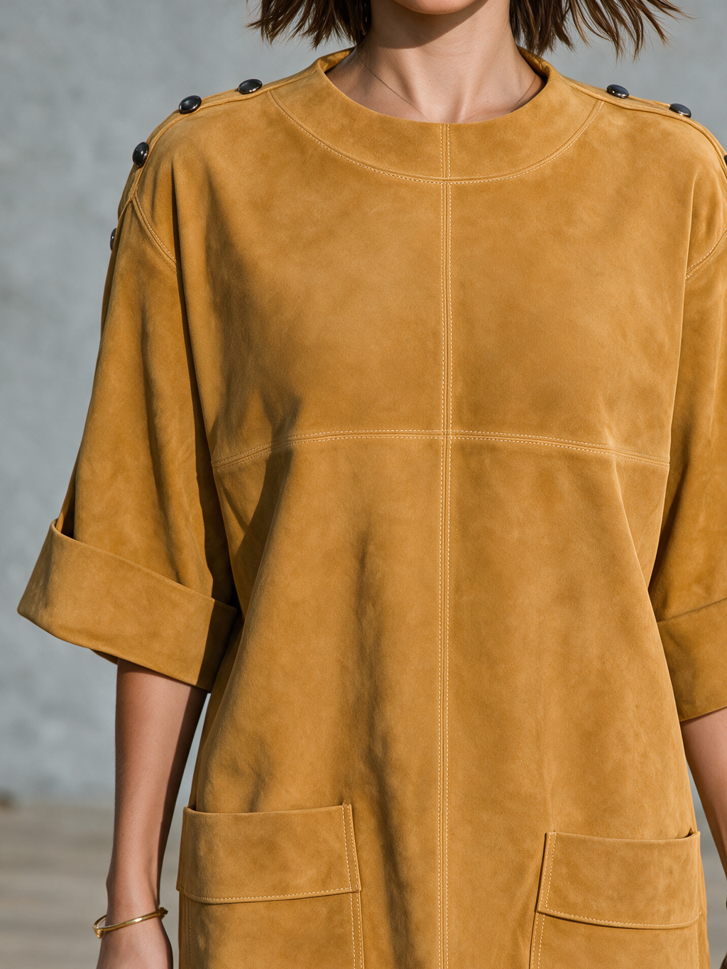 Women's Vintage-Style Faux Suede Mini Dress With Shoulder Buckle Detail And Mid-Length Sleeves MDZ1940H9WY