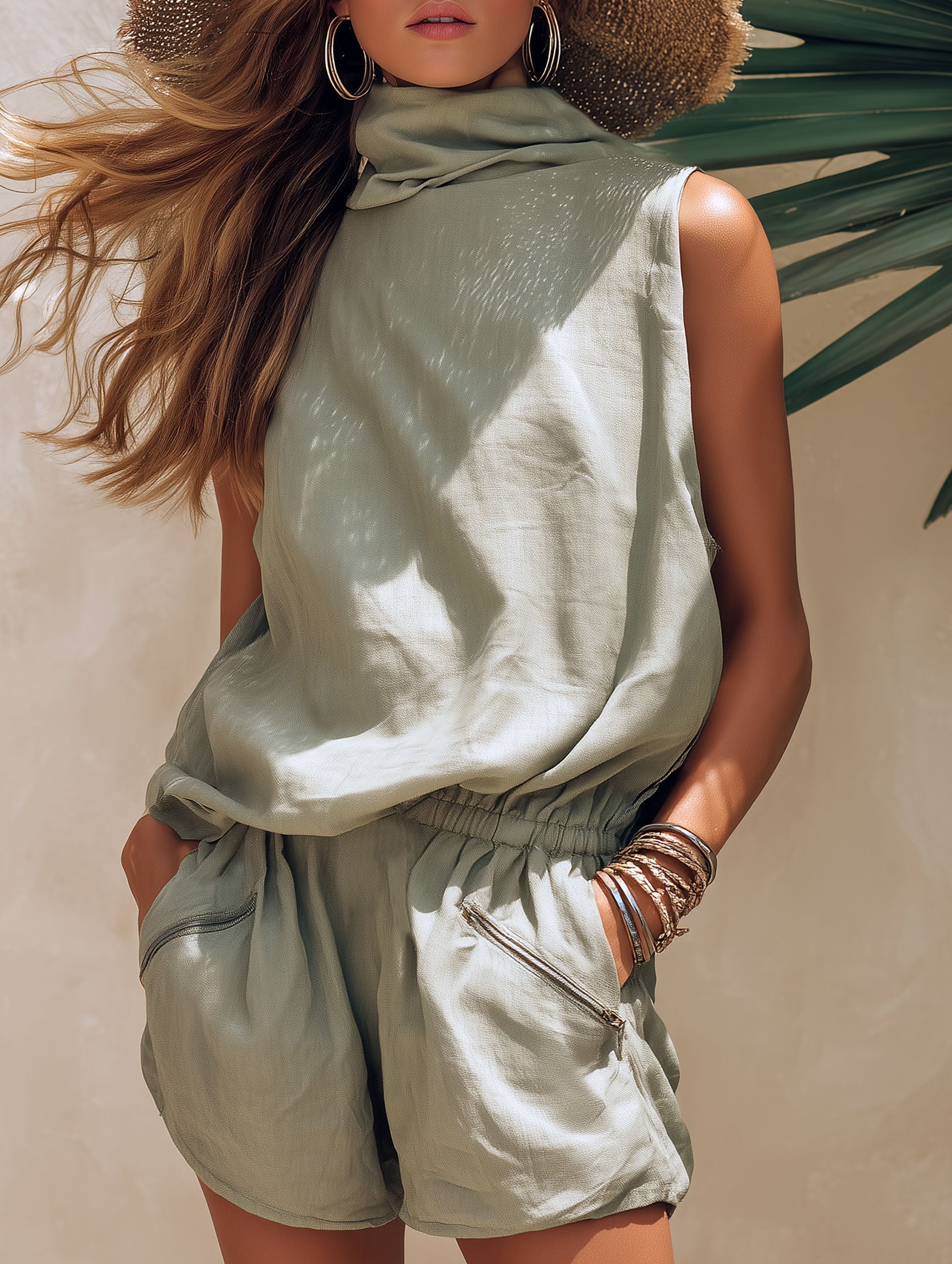 Grey-Green Resort Shorts Jumpsuit High Neck Elastic Waist with Zipper Sleeveless