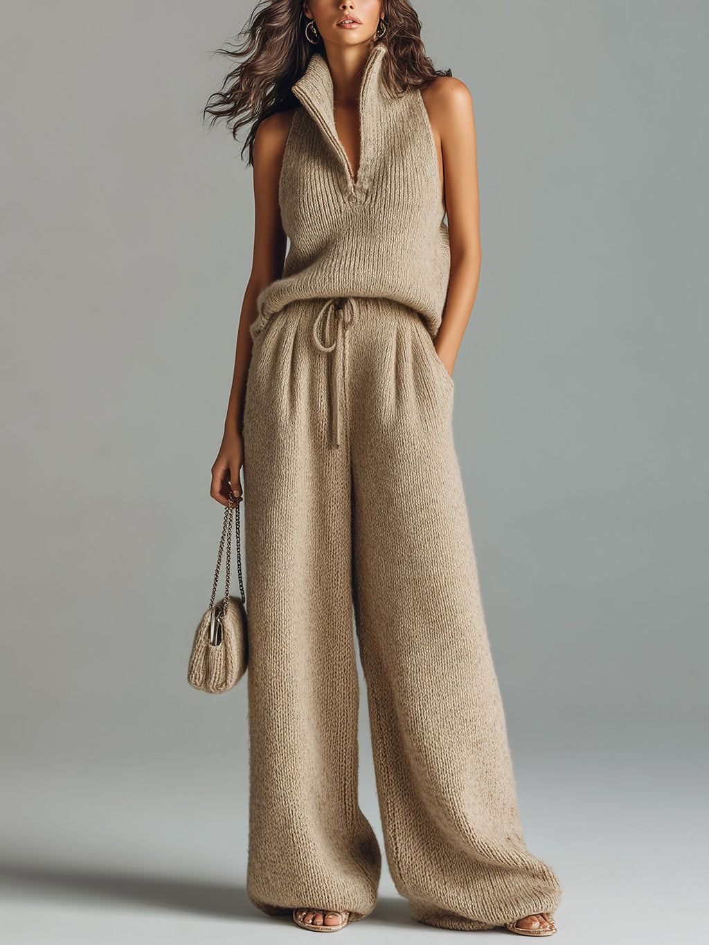 Chic Elegant Camel Stand Collar V-Neck Sleeveless Sweater  Wide-Leg Pants Ribbed Knit Two-Piece Set