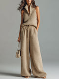 Chic Elegant Camel Stand Collar V-Neck Sleeveless Sweater  Wide-Leg Pants Ribbed Knit Two-Piece Set