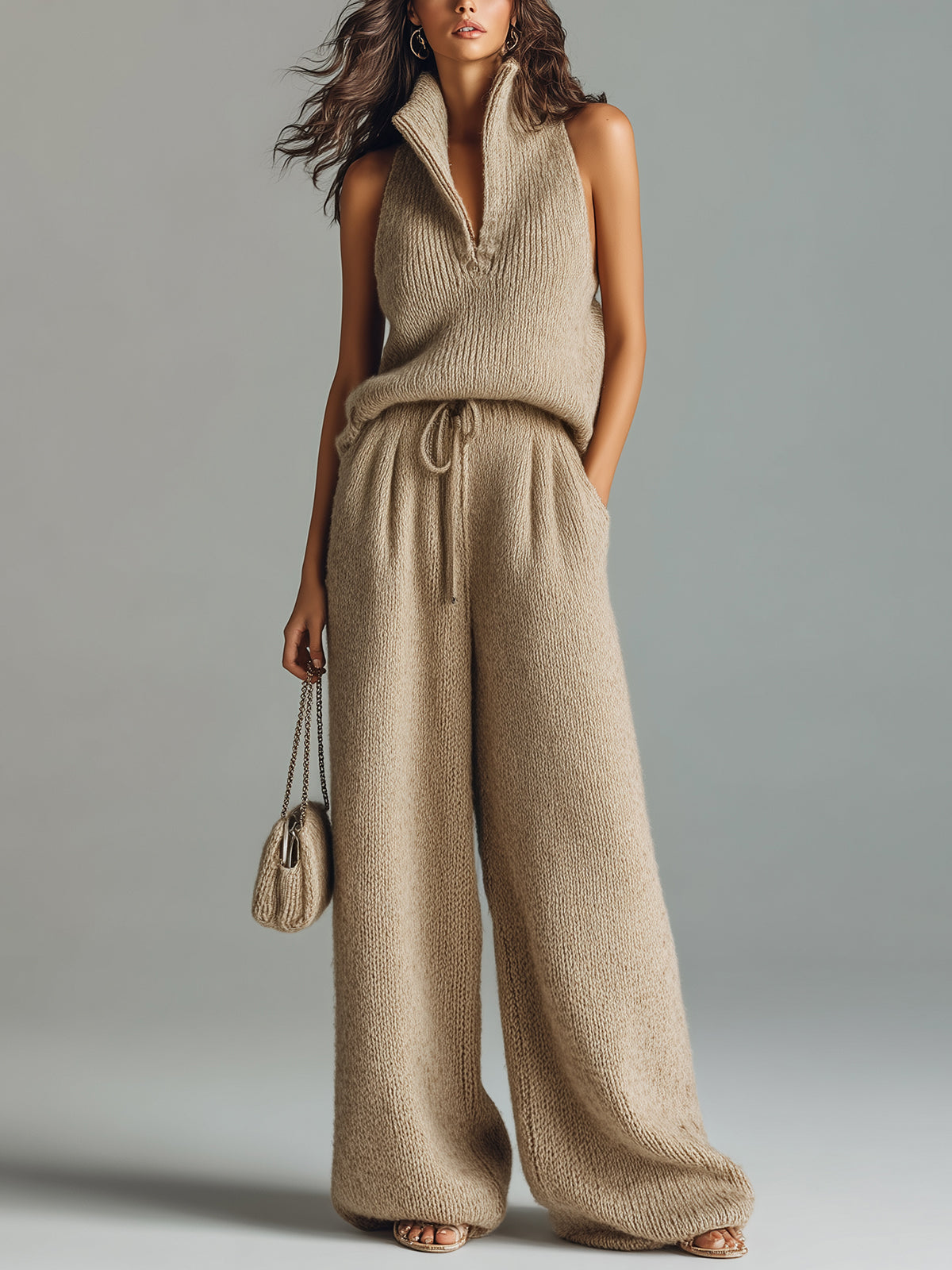 Chic Elegant Camel Stand Collar V-Neck Sleeveless Sweater  Wide-Leg Pants Ribbed Knit Two-Piece Set