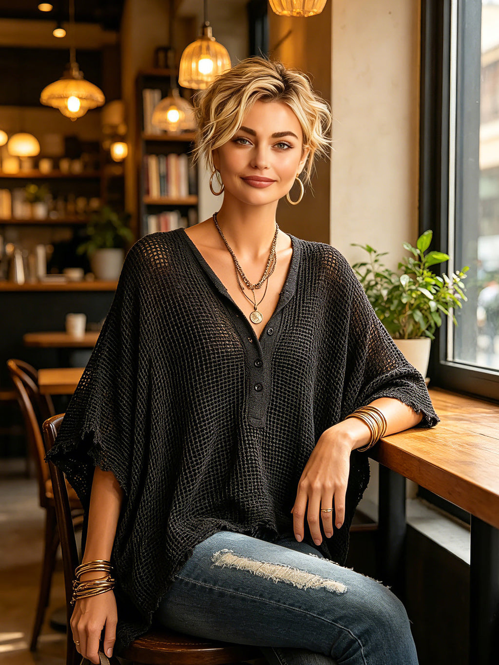 Chic Casual Black Henley Collar Dropped Shoulder Batwing-Sleeve Raw Edge Detail Loose-Fit Sweater