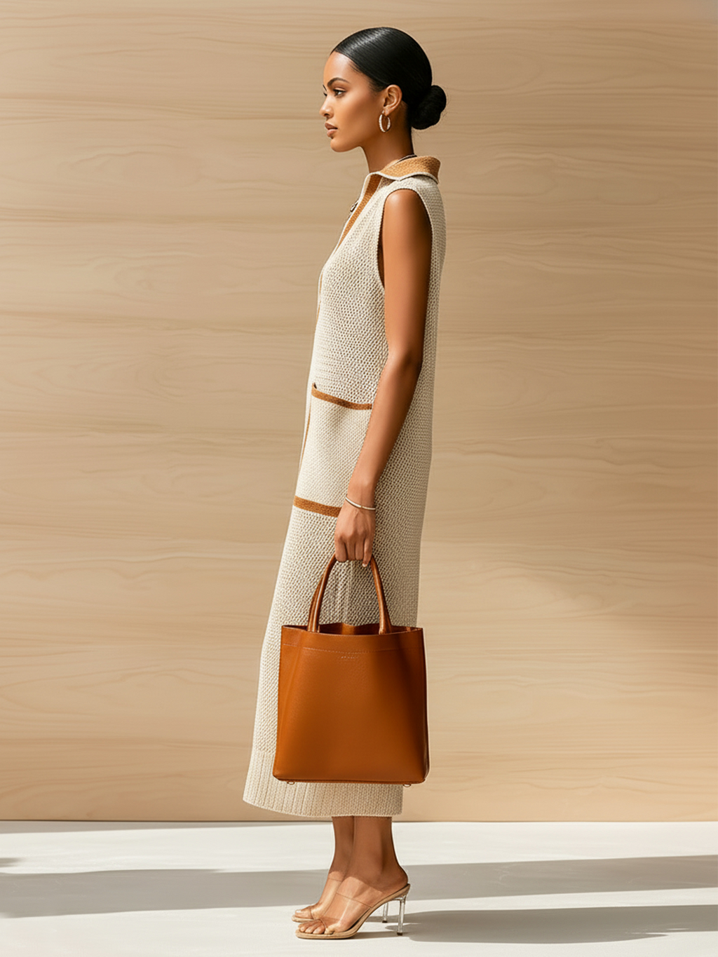 Chic Elegant Beige Colorblock Lapel Collar V-Neck Patch Pocket Sleeveless Loose-Fit Ribbed Knit Maxi Dress