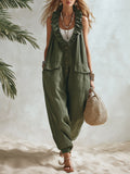 Olive Green Cotton Linen Bohemian Resort Jumpsuit with Ruffled Neckline and Buttons Loose Fit