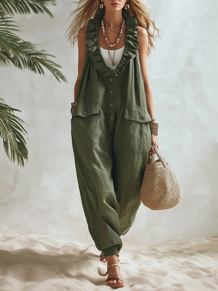 Olive Green Cotton Linen Bohemian Resort Jumpsuit with Ruffled Neckline and Buttons Loose Fit