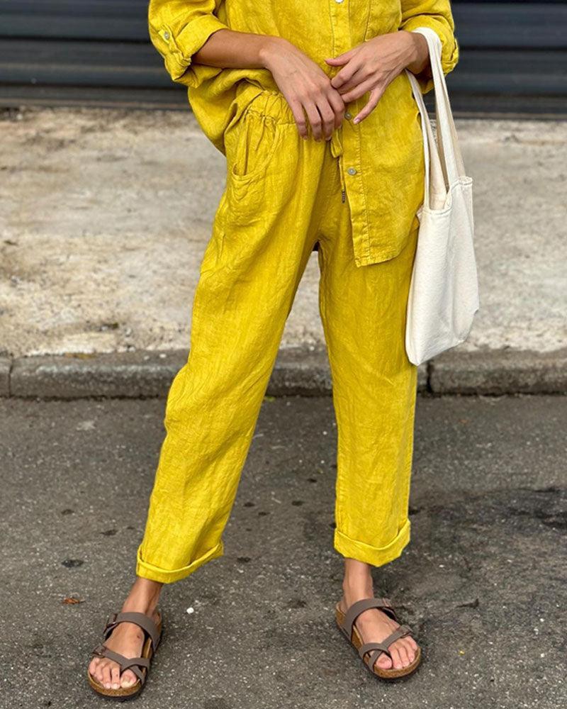 Casual Solid-Color V-Neck Cotton and Linen Two-Piece Set