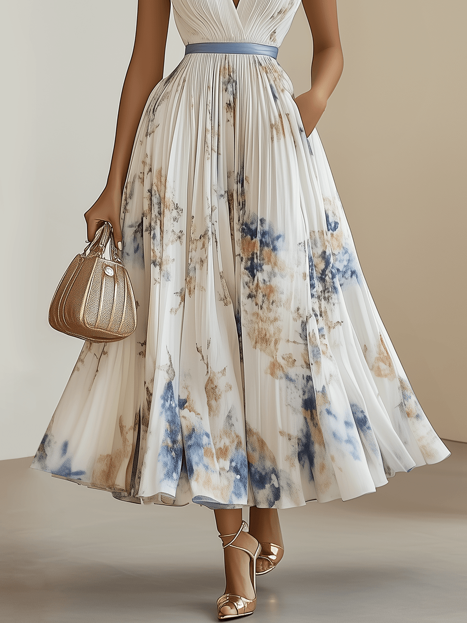 White Floral Pleated Chiffon V-Neck Sleeveless Midi Dress
