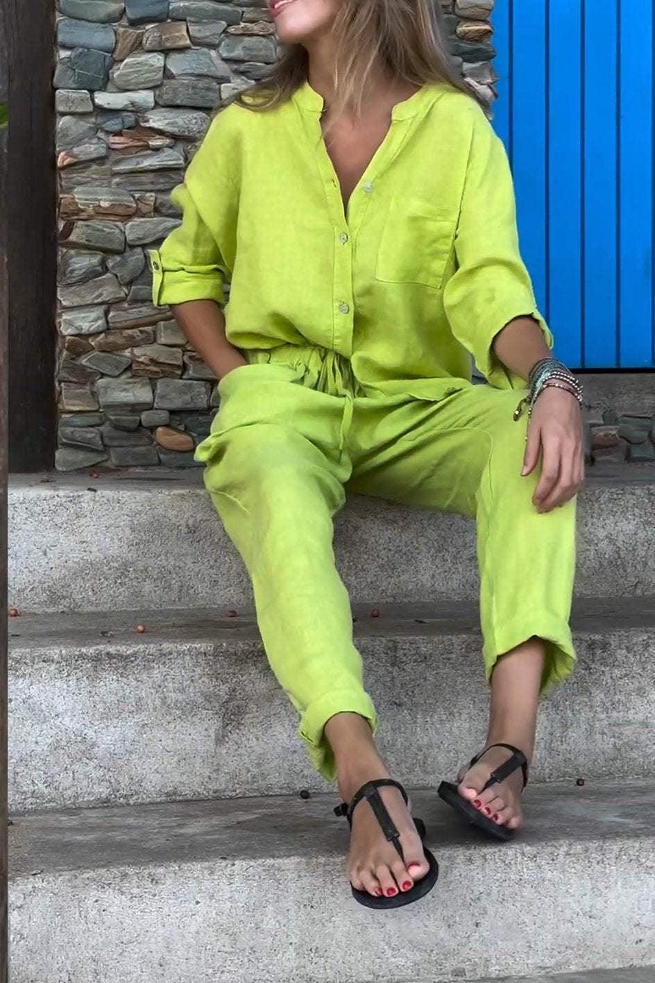 Casual Solid-Color V-Neck Cotton and Linen Two-Piece Set