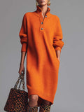 Orange Knitted Midi Dress with Lapel and Front Buttons