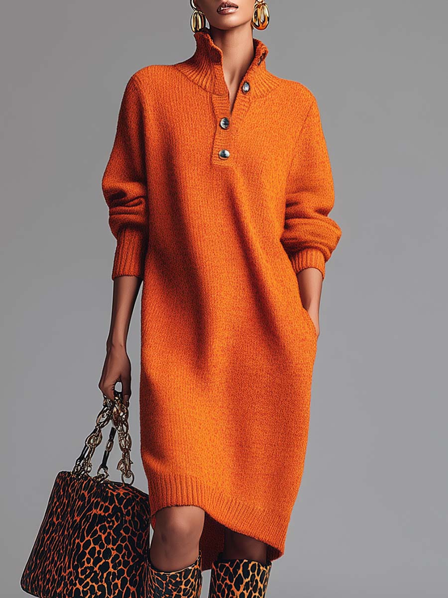 Orange Knitted Midi Dress with Lapel and Front Buttons