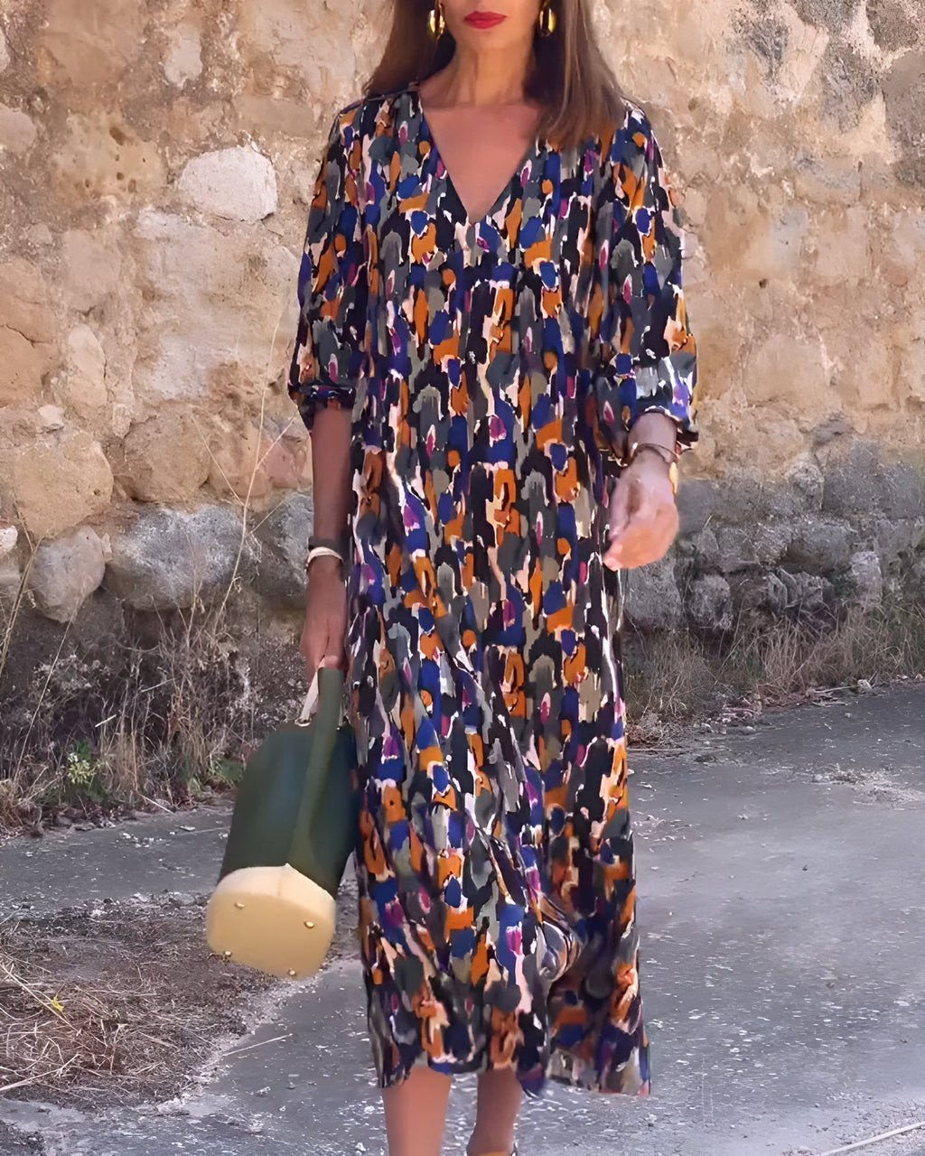 NATHALIE | RETRO PRINTED DRESS WITH V - NECK - Rossis Family Boutique Miami