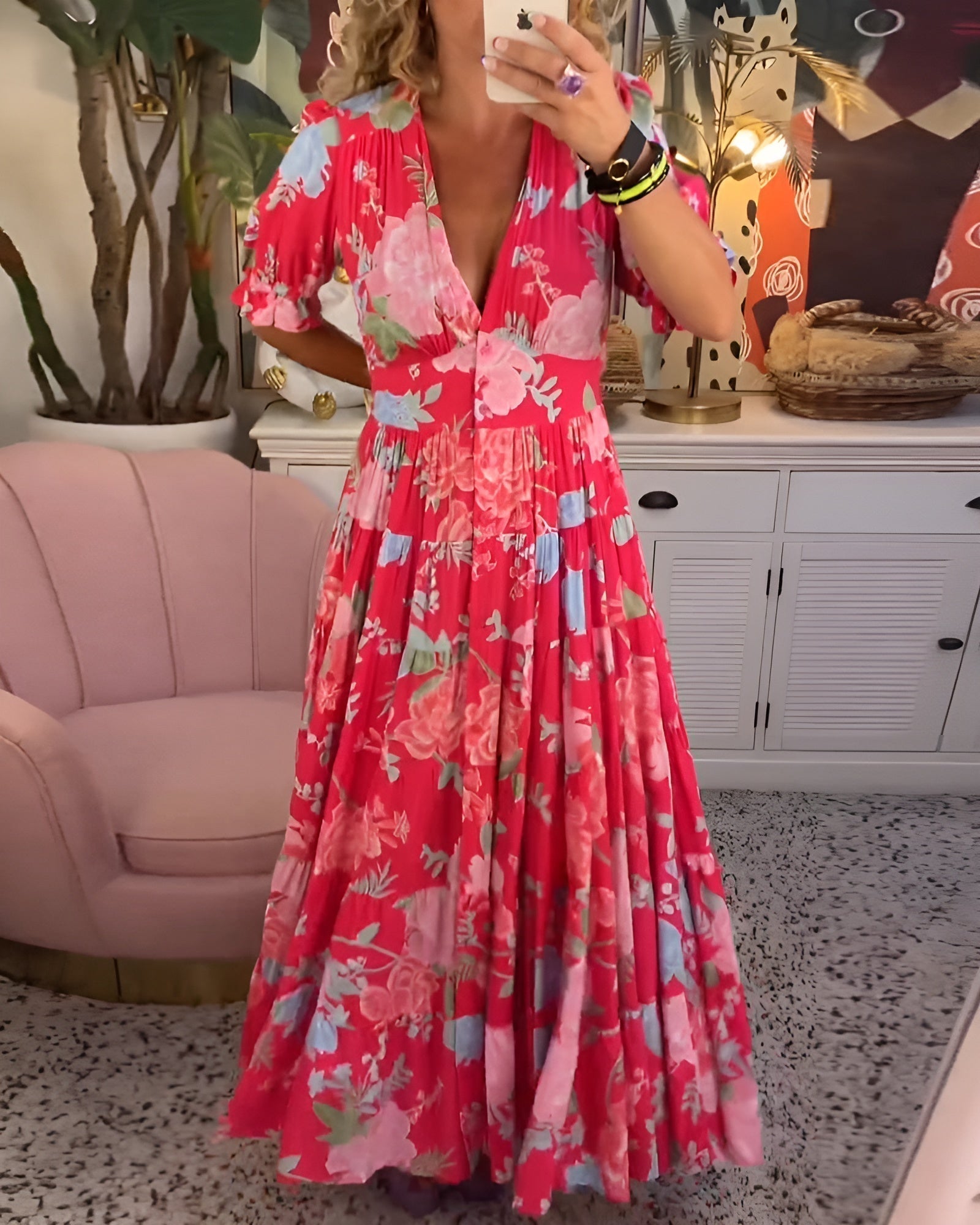 CARINE | DRESS WITH POCKETS AND V - NECK IN FLORAL PRINT - Rossis Family Boutique Miami