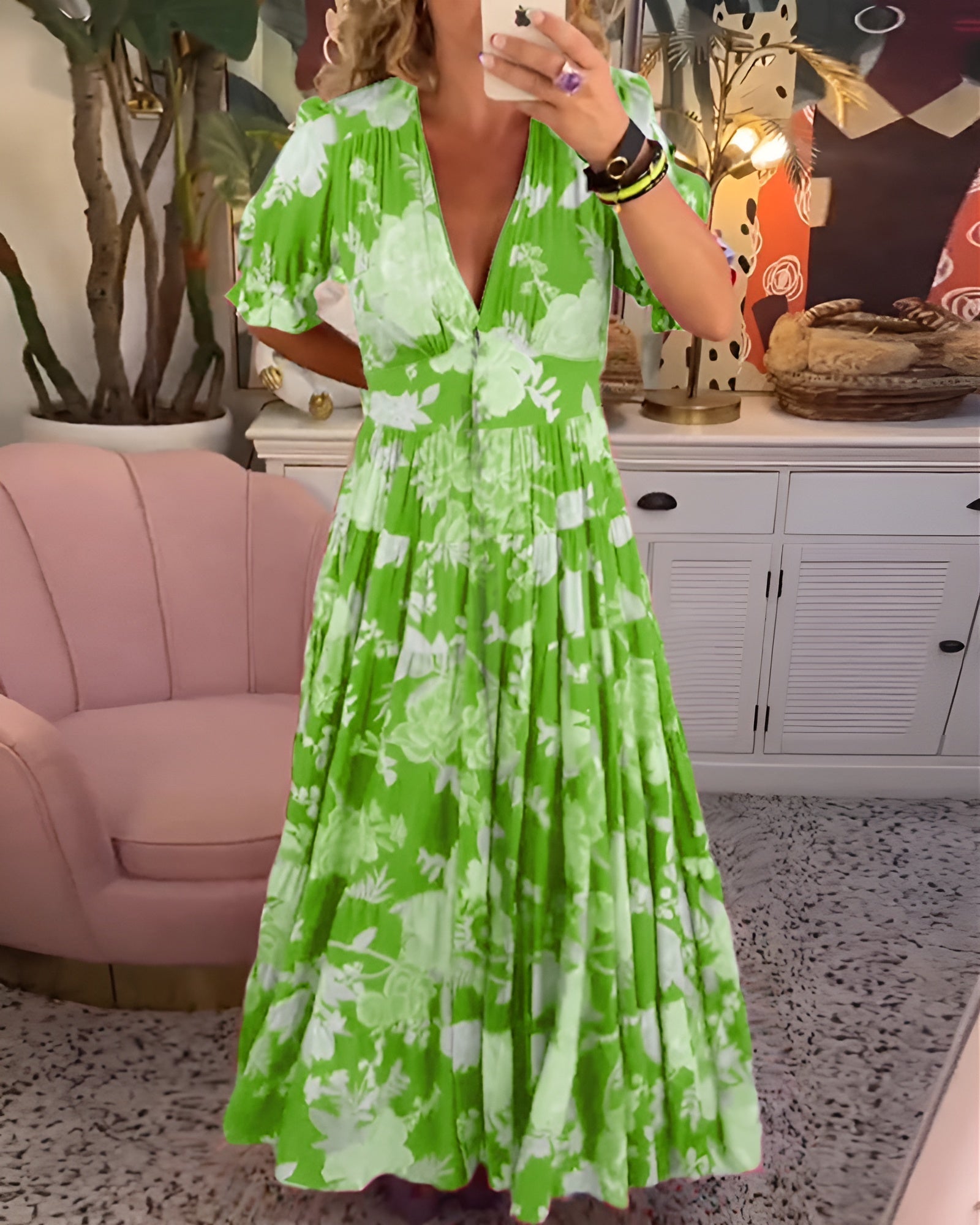 CARINE | DRESS WITH POCKETS AND V - NECK IN FLORAL PRINT - Rossis Family Boutique Miami