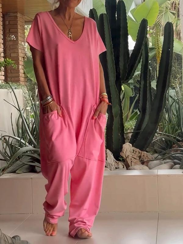 Solid Color V-Neck Casual Jumpsuit