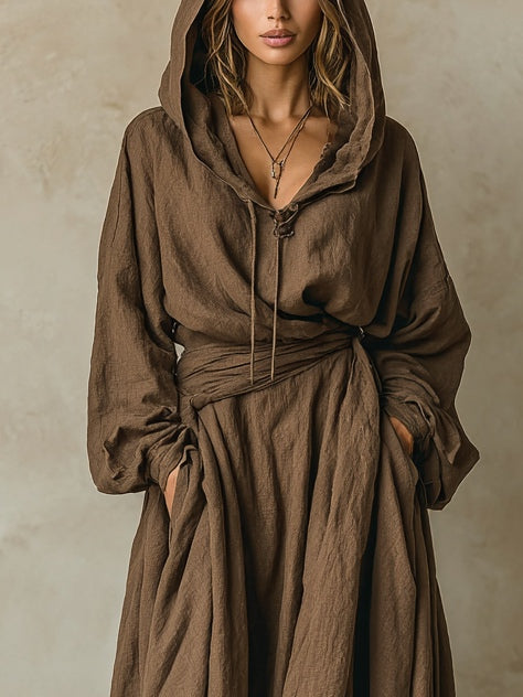 Brown Faux Cotton-Linen Hooded Loose Maxi Dress