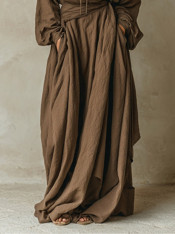 Brown Faux Cotton-Linen Hooded Loose Maxi Dress