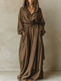 Brown Faux Cotton-Linen Hooded Loose Maxi Dress