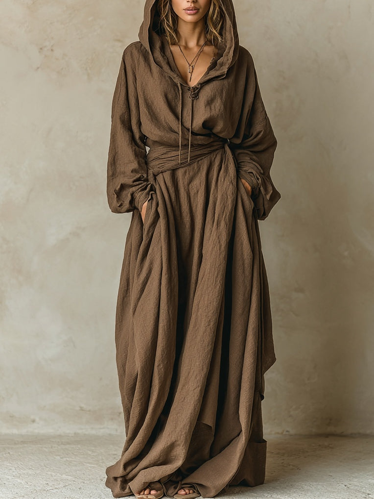 Brown Faux Cotton-Linen Hooded Loose Maxi Dress