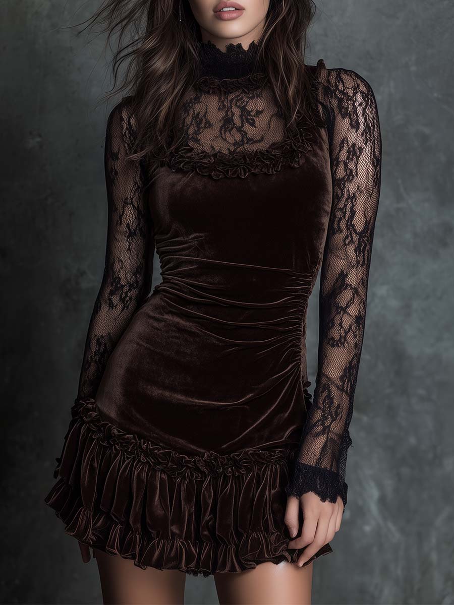 Chocolate Velvet Lace Gothic Pleated Mini Dress