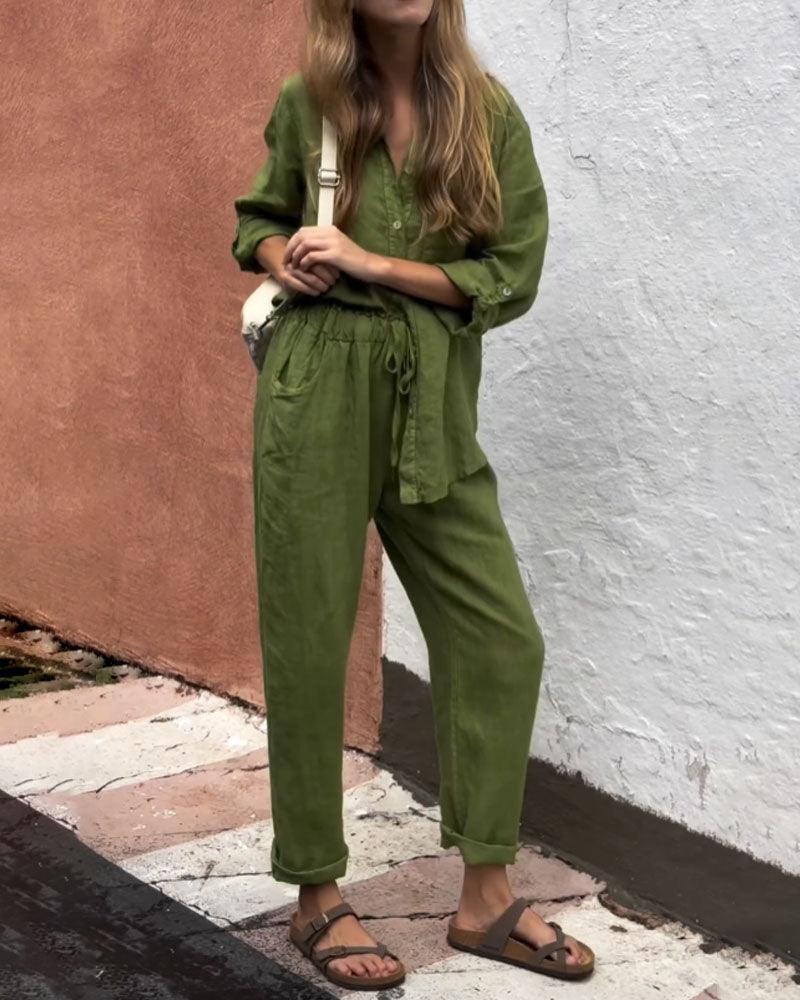 Casual Solid-Color V-Neck Cotton and Linen Two-Piece Set
