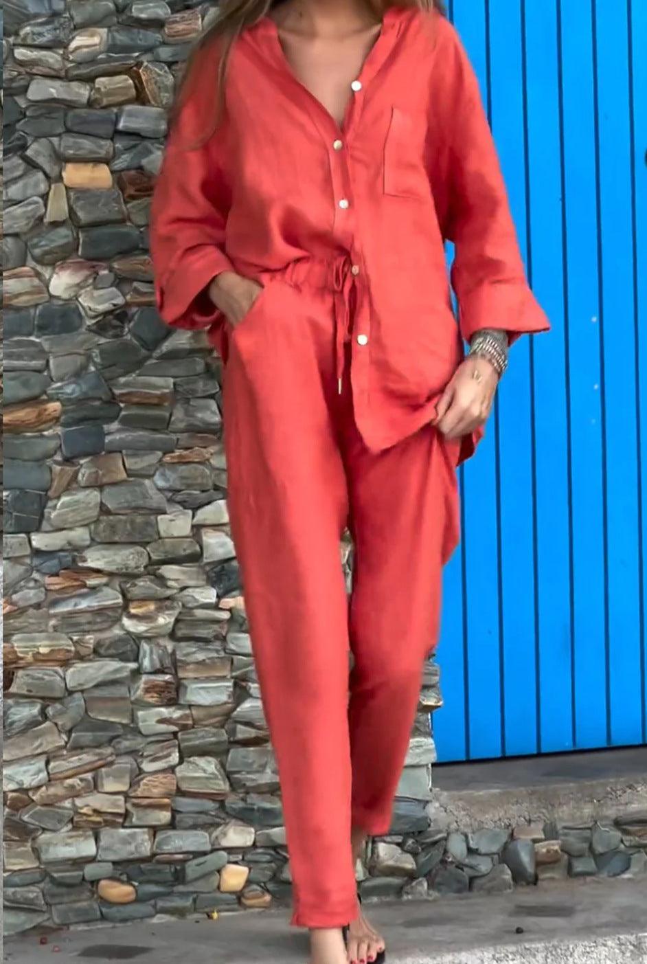 Casual Solid-Color V-Neck Cotton and Linen Two-Piece Set