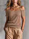 Chic Elegant Camel Lapel Spaghetti Straps Cold-Shoulder Short-Sleeve Hollow-Out Mesh Knit Sweater Top