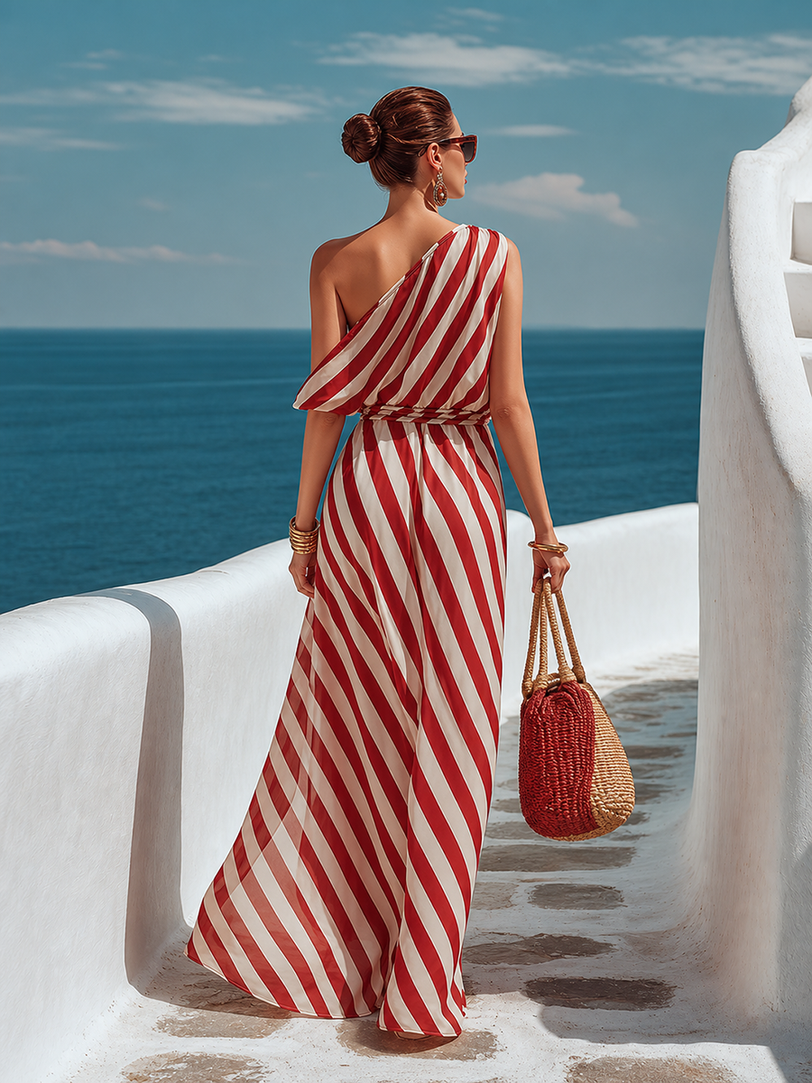 Beach Vacation One-Shoulder Red And White Striped Chiffon Maxi Dress
