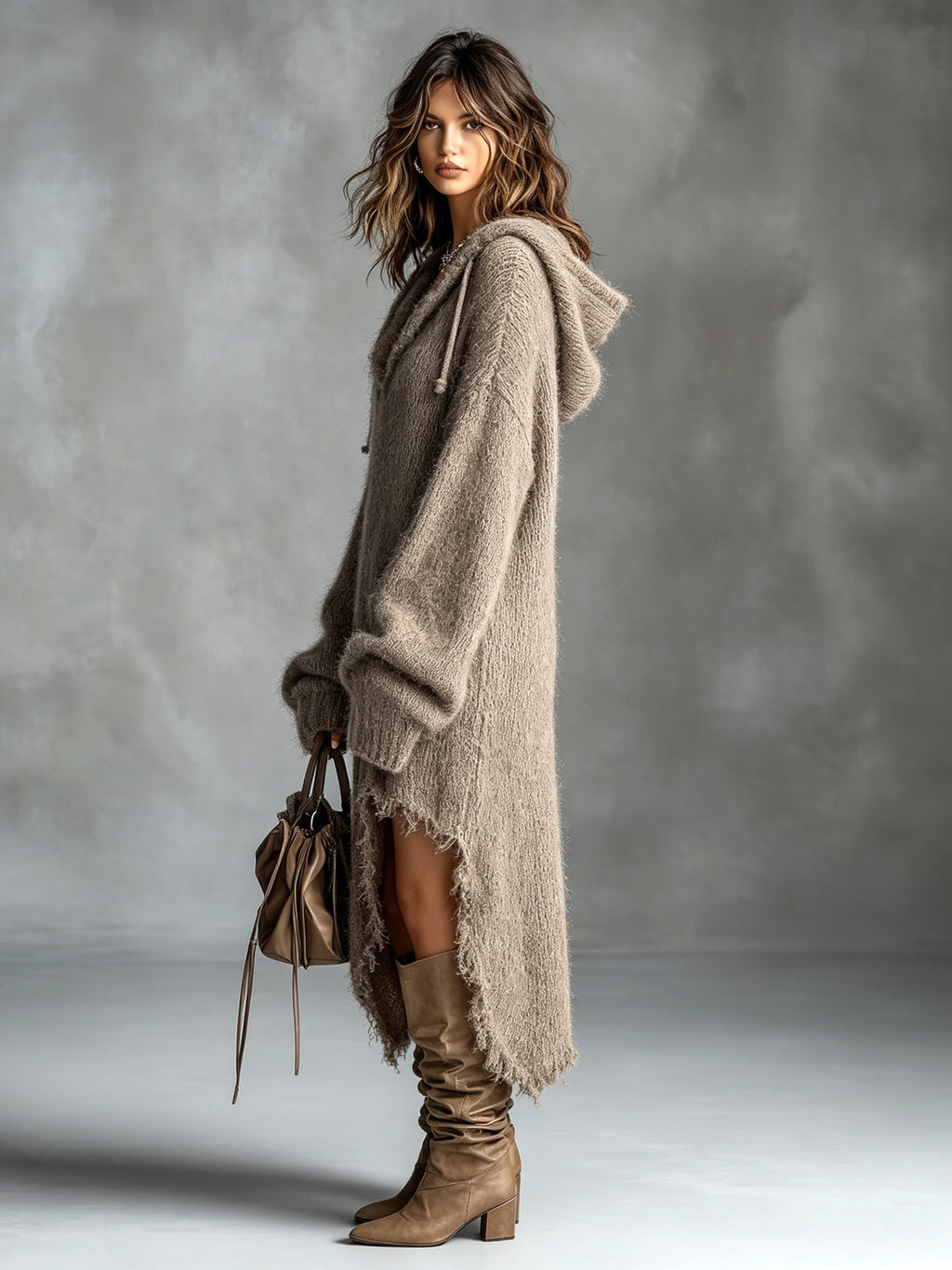 Chic Elegant Brown Hooded-Collar Dropped Shoulder Long-Sleeve Asymmetrical Hem Raw Edge Detail Oversize Fuzzy Knit Midi Dress